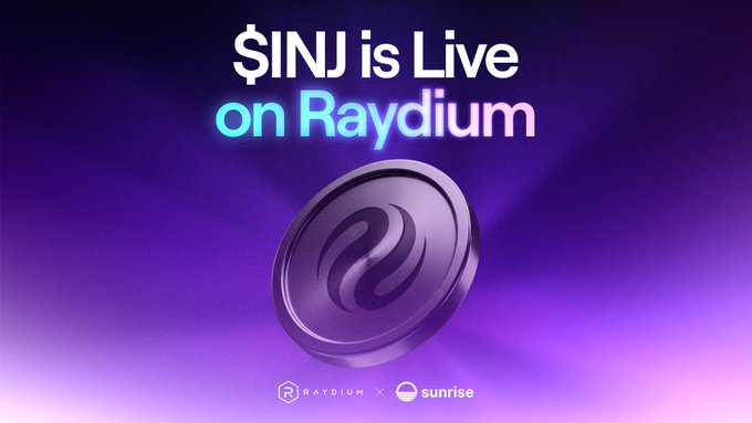 A promotional graphic featuring a purple 3D coin with a wave-like emblem against a purple gradient background, with bold text reading "$INJ is Live on Raydium" and logos for Raydium and Sunrise at the bottom—visually announcing Injective's native token listing on the Raydium DEX via Sunrise.