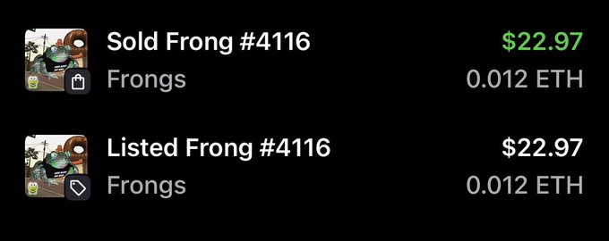 A dark interface showing NFT activity for Frongs #4116 — 'Sold Frong #4116' for $22.97 / 0.012 ETH (green) and 'Listed Frong #4116' at $22.97 / 0.012 ETH.