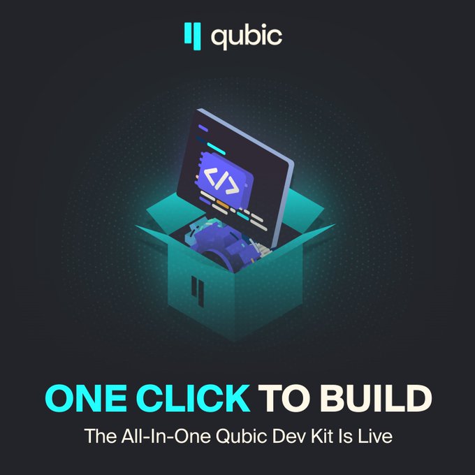 A promotional graphic for Qubic featuring the "qubic" logo at the top and an illustration of an open box containing a laptop with code symbols and circuit board elements. The bottom displays the text "ONE CLICK TO BUILD" and "The All-In-One Qubic Dev Kit Is Live," visually reinforcing the post's message about the simplified developer toolkit for building $QUBIC contracts.