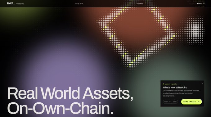 A website header for 'RWA Inc' displays the headline 'Real World Assets, On-Own-Chain.' with a weekly update pop-up and a pixelated directional arrow graphic.