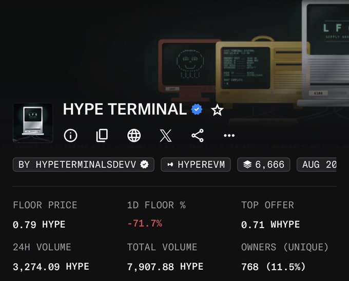 The image shows a NFT marketplace listing for "HYPE TERMINAL" by HYPETERMINALSDEVV on the HYPEREVM chain, with a floor price of 0.79 HYPE, a 1D floor change of -71.7%, and a 24H volume of 3,274.09 HYPE across 768 unique owners. The sharp 71.7% daily decline and dropping floor price directly reflect the poster's concern about the collection "going to zero," while the accumulated volume suggests they had time to lock in profits before the crash.