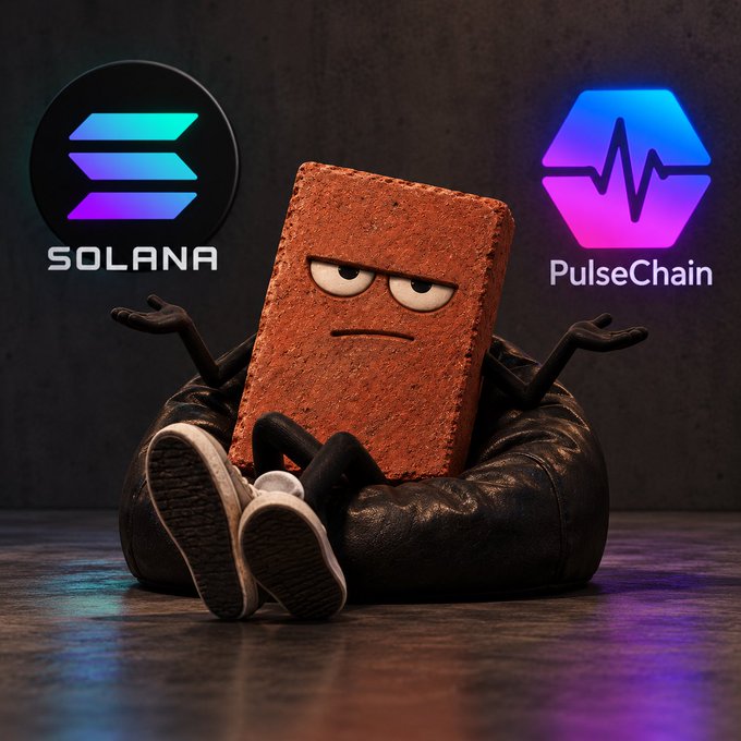 A 3D-style illustration of a grumpy brick-like character sitting in a black beanbag chair between the logos for 'SOLANA' and 'PulseChain'.