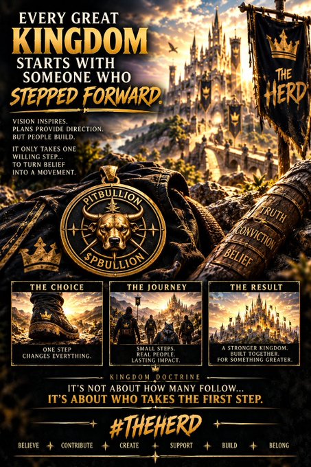 A motivational poster titled "EVERY GREAT KINGDOM STARTS WITH SOMEONE WHO STEPPED FORWARD," featuring "The Herd" branding, the "Pitbullion Spbullion" logo, and sections labeled "The Choice," "The Journey," and "The Result" with the hashtag #THEHERD.
