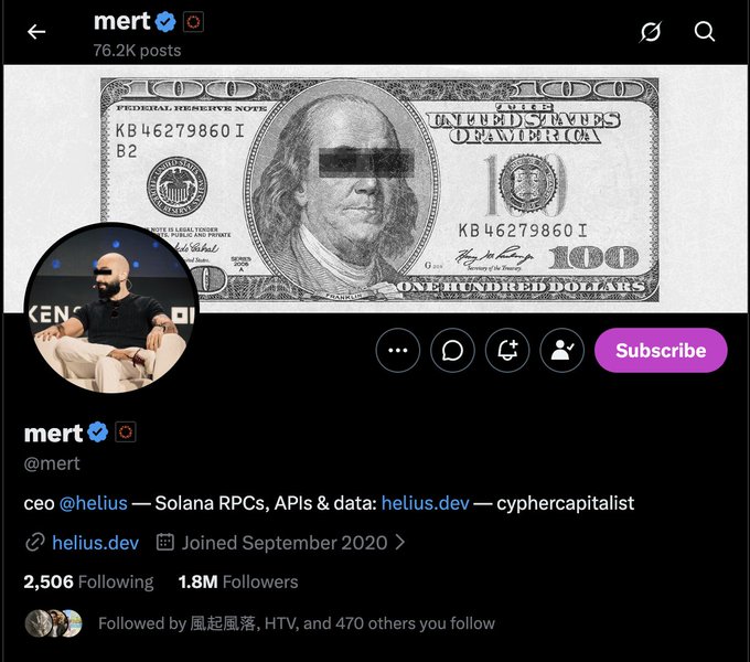 An X (Twitter) profile for 'mert' (@mert), CEO of @helius, with a banner image of a $100 bill and 1.8M followers, describing him as 'Solana RPCs, APIs & data' at helius.dev — cypherCapitalist.