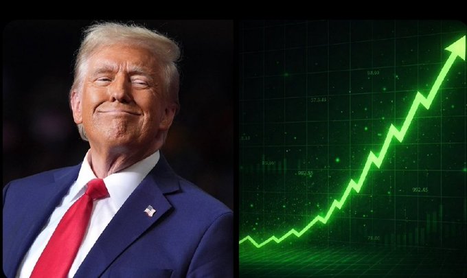 This image shows Donald Trump with an upward trending green stock market graph, visually representing his statement that the market is "gonna go through the roof" and hinting at potential positive impacts on Bitcoin.