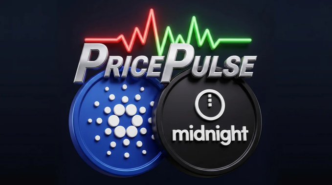 The image is a logo for the cryptocurrency named PricePulse, which is associated with Bitcoin, another popular digital currency. The logo features two black circles connected by a line and labeled "Midnight" above one of them. The text below the logo states that "PricePulse abbreviated PP". There are no other objects in the image; it solely displays the logo and its association to Bitcoin.