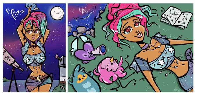 Two cartoon-style illustrations feature a pink-haired female character with stars on her outfit, shown on the left stargazing with a telescope and on the right lying on grass with cute creatures including a pink blob and a blue cat-like figure.