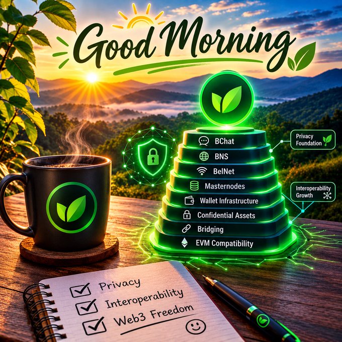 A 'Good Morning' graphic featuring a coffee mug with a leaf logo, alongside a glowing pyramid listing features like BChat, BNS, BelNet, Masternodes, and EVM Compatibility, with a checklist for Privacy, Interoperability, and Web3 Freedom.