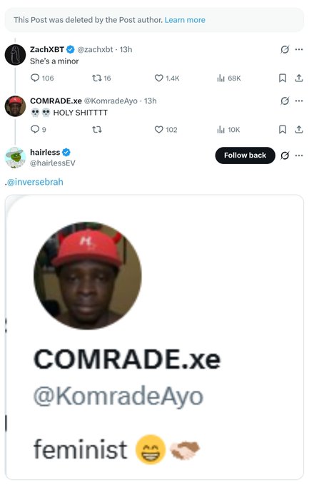 The image shows a deleted tweet from ZachXBT about Tiffany Milanovich being "a minor," followed by a reply from COMRADE.xe expressing shock with "HOLY SHITTT" emoji, and a follow-up from hairless tagging COMRADE.xe showing his profile labeled "feminist" with laughing emojis—highlighting the contradiction between his username/handle ("Comrade") and his response to the revelation about the female scammer.