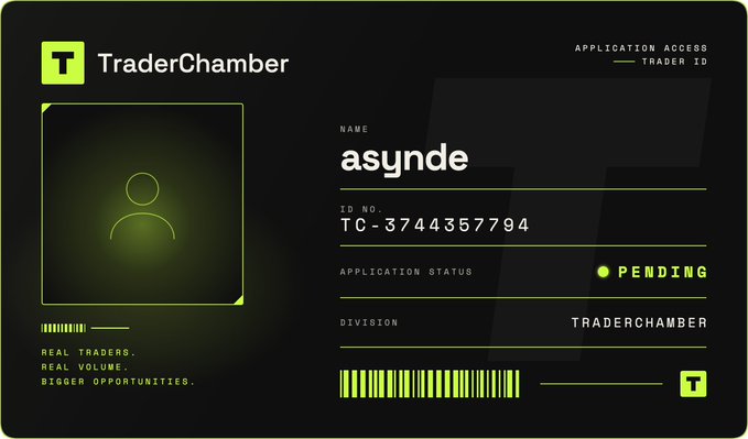 A digital 'TraderChamber' application access card displays the name 'asynde', ID 'TC-374357794', and a 'PENDING' application status.