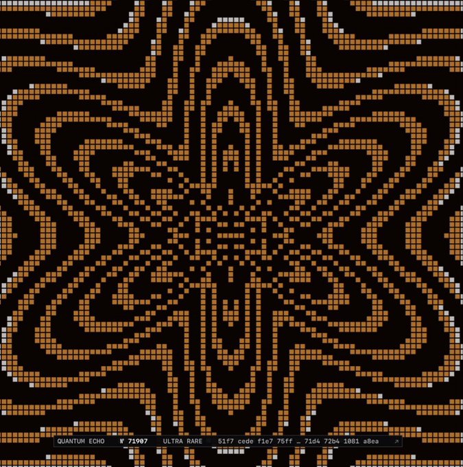 A pixelated digital art piece titled "QUANTUM ECHO" with text "W 71907 ULTRA RARE 51f7 cede f1e7 75ff _71d4 72b4 1881 a8ea" displaying an intricate geometric pattern in orange, black, and white.