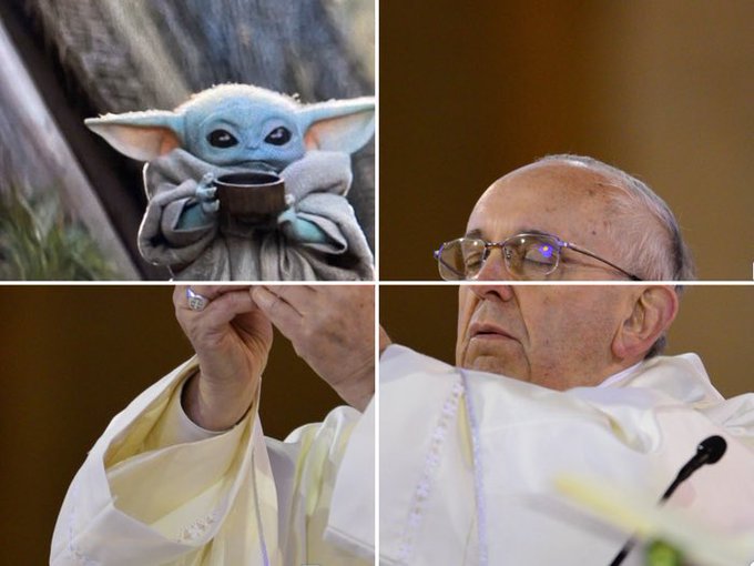 A collage pairs an image of the character Grogu (Baby Yoda) holding a cup with photos of Pope Francis during a ceremony.