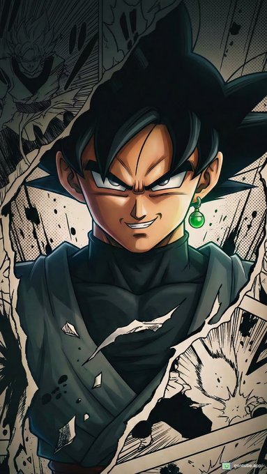 A dramatic anime-style illustration resembling Goku Black from Dragon Ball Super, featuring the character with spiky black hair, a green Potara earring, and a menacing smirk, surrounded by dynamic action lines and debris.