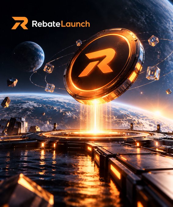 A futuristic orange-and-black promotional graphic shows a glowing coin marked with the RebateLaunch “R” logo above Earth, with the text “RebateLaunch” at the top left.