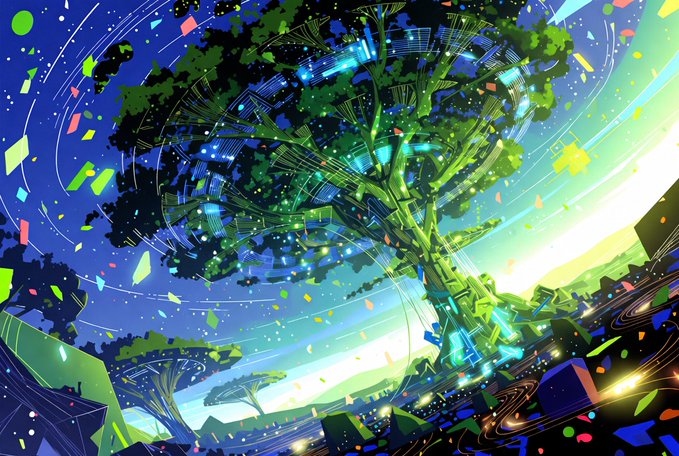 A vibrant anime-style illustration featuring a large, glowing tree with swirling wind patterns against a starry night sky, surrounded by colorful floating petals and confetti.