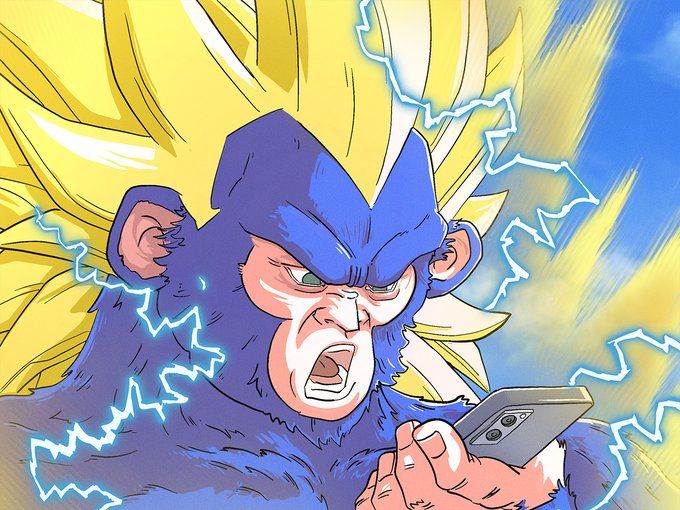 A Super Saiyan-style monkey with glowing blonde hair and blue fur roars intensely while looking at a smartphone, surrounded by electric blue lightning effects against a blue and yellow background—humorously illustrating the overwhelming excitement of receiving a call about APE/ApeChain.