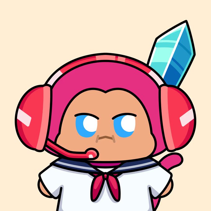 A cartoon-style illustration of a character with pink hair, a headset, and an angry expression, wearing a sailor-style uniform with a crystal-shaped accessory on their head.