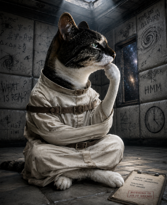 A cat wearing a straitjacket sits in a contemplative pose in a padded cell covered with mathematical equations and philosophical scribbles, including "WHAT IS REAL?", "TIME... IS ILLUSION", "THE ANSWER IS... HMM", a clock, and a clipboard reading "NOTHING IS AS IT SEEMS" — perfectly matching the post's vibe of deep, unsettling overthinking.