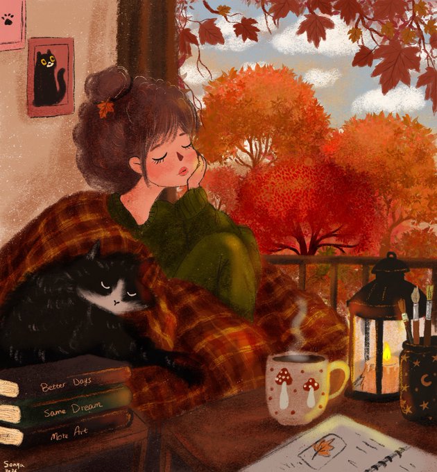 A cozy autumn illustration depicts a girl with brown hair in a bun, resting her chin on her hand while wrapped in a plaid blanket alongside a sleeping black cat, with a steaming mushroom mug, books titled 'Better Days', 'Some Dreams', and 'Mute Art', and vibrant red fall trees in the background.