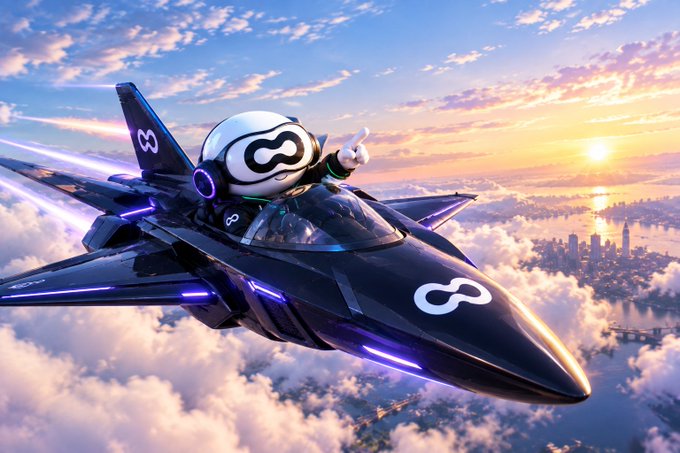 A Metaverse/Meta X logo mascot flies a futuristic black fighter jet with infinity symbol markings above the clouds at sunset.