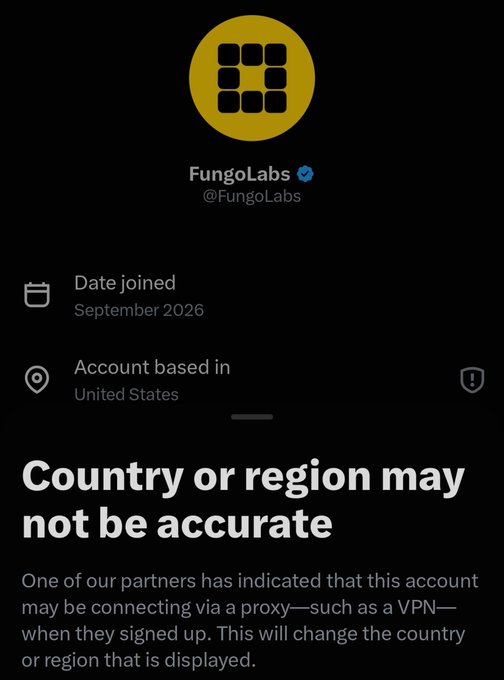 A screenshot of an X (formerly Twitter) profile for 'Fungolabs' (@FungoLabs), with a warning that the 'Country or region may not be accurate' due to suspected VPN usage.