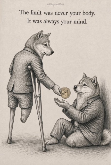 A pencil-style illustration depicting two anthropomorphic dogs in suits - one standing with crutches handing a Dogecoin coin to another sitting dog. Text at the top reads 'The limit was never your body. It was always your mind.' with a small watermark.