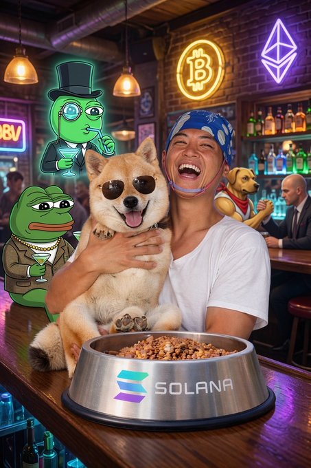 The image shows a man holding his dog while seated at a bar with a bowl of food in front of them. The dogs are surrounded by other cartoon-style characters, including a man wearing a top hat standing behind a dog, another man in a suit sitting across from San Chan who is also holding his dog, and a frog on the right side of the image. The scene appears to be set at a bar filled with various crypto memes.

The post caption talks about what's going on at this particular bar that has been decorated for the crypto-themed party featuring these characters. They've even got a table named "SOLANA" in the bottom right corner of the image, which is where this image was taken. The atmosphere seems to be lively and entertaining as people gather together with their pets to enjoy the humorous event.