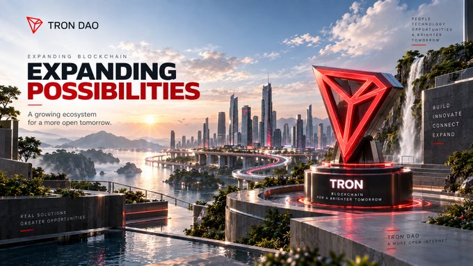 A futuristic cityscape with TRON DAO's bold red logo prominently displayed on a pedestal, alongside the headline "EXPANDING POSSIBILITIES" and tagline "A growing ecosystem for a more open tomorrow," visually reinforcing TRON's mission to drive blockchain innovation beyond digital payments.