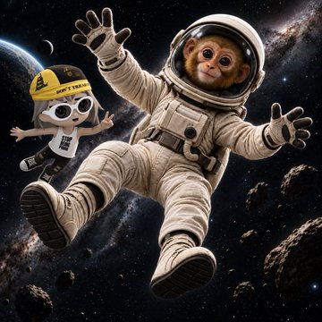 A whimsical digital illustration showing an astronaut monkey and a girl wearing a 'BITCOIN 2024' hat floating in outer space, surrounded by asteroids, stars, and a galaxy.