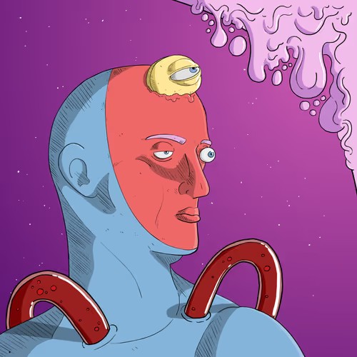 The image depicts a colorful illustration of an artificial human figure with its head raised, displaying two glowing red eyes. The artist has used a unique color scheme for this representation, giving it a distinct appearance that stands out against the purple background. The caption at the bottom of the image refers to it as "LASTG3N #2202 sold for 0.025 ETH", indicating the price and listing the owner's details. It appears that the figure is being bought by someone in another part of the world, which can be inferred from the text provided within the image description.