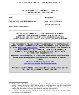 The image shows a notice from the U.S. Bankruptcy Court for the District of Delaware in the case "In re: TERRORM LABS PTE. LTD., et al." (Chapter 11, Case No. 24-10070), scheduling an agenda of matters for a hearing on May 5, 2025, regarding "Alternative Dispute Resolution Procedures." 

The court filing relates to the accompanying post by signaling that Terraform Labs (the company behind the collapsed Terra/LUNA ecosystem, referenced by the #LUNC and #USTC tickers) is entering bankruptcy proceedings, hinting that legal outcomes in this case could be a pivotal event for the affected crypto community.