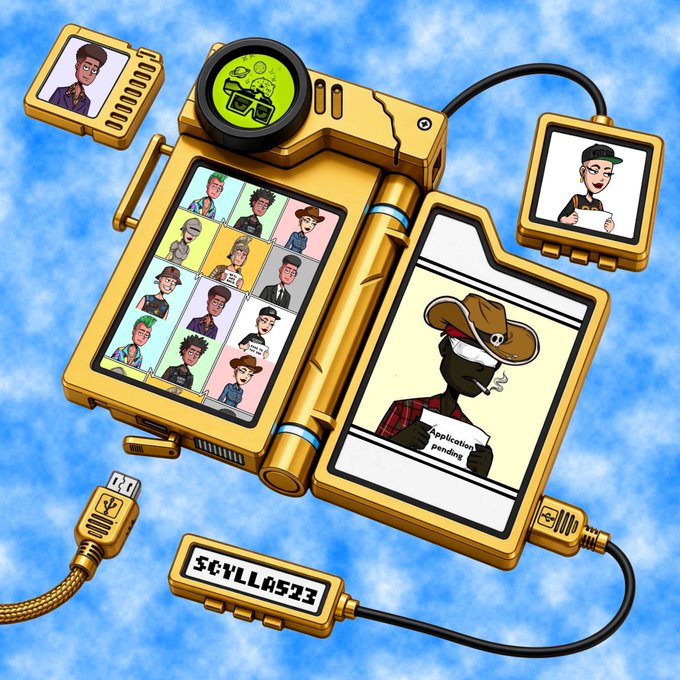 A stylized golden device displays a grid of diverse NFT character portraits alongside a central figure wearing a cowboy hat holding a document labeled "Application pending," with a USB cable reading "SCYLLA133" and external screens showing additional character profiles. The illustration visually represents the 3V3RYDAYP3OPL3 NFT community, depicting the project's diverse members and the ongoing application/onboarding process for the growing community.