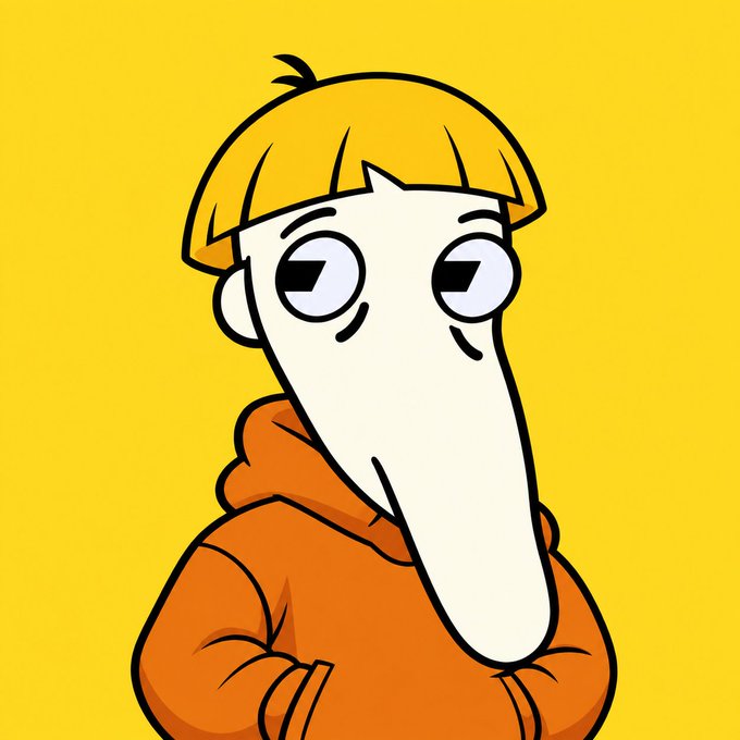 A cartoon illustration of a character with an elongated pale face, bowl-cut blonde hair, wearing an orange hoodie, set against a bright yellow background.