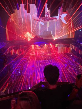 An audience views a vibrant laser light show with intersecting red, pink, and purple beams emanating from a stage in a dark venue.