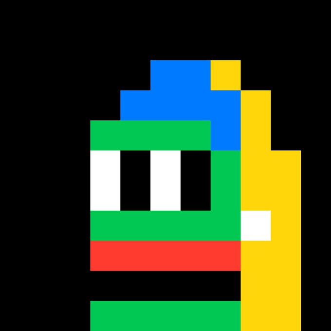 Pixel art of a green character with a red stripe, a white segmented face, a blue top, and a yellow appendage, set against a black background.
