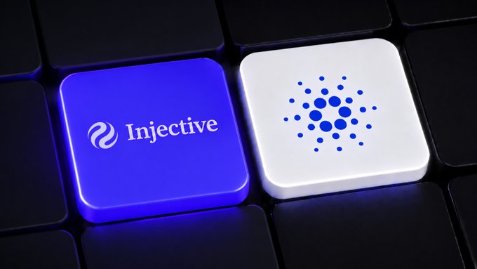 A close-up of a keyboard shows two adjacent keys: a blue one with the 'Injective' logo and a white one with the Cardano logo.