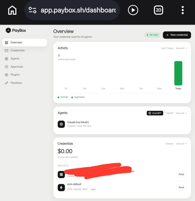 The image shows the Paybox dashboard (app.paybox.sh) displaying an Overview of a "credential vault for AI agents" with 7 events this week (Activity), 1 connected agent (Claude via OAuth), and a Credentials section showing $0.00 across wallets. A Solana wallet balance has been redacted in red marker, suggesting the user hid the amount possibly related to claiming a Moonpay airdrop via X account connection.