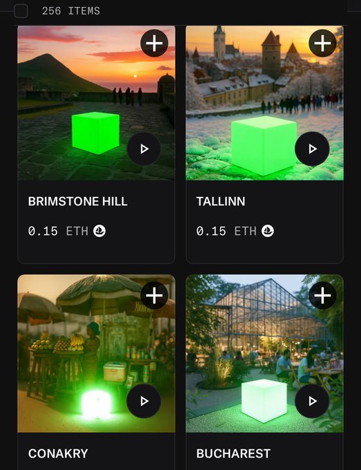 A dark-themed NFT marketplace interface displaying 256 items for sale, featuring locations like 'BRIMSTONE HILL', 'TALLINN', 'CONAKRY', and 'BUCHAREST' priced at 0.15 ETH each, with green cube 3D models overlaid on scenic photographs.