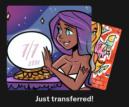 A purple-haired MetaVixen gazes into a crystal ball displaying "7/7 ETH," while a second art card peeks out from behind, both celebrating a transfer to the ANON Market Vault.