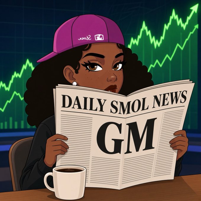 An illustrated cartoon of a woman wearing a purple cap reading a 'DAILY SMOL NEWS' newspaper with 'GM' printed on the front page, sitting with a coffee mug while green stock market charts rise in the background.