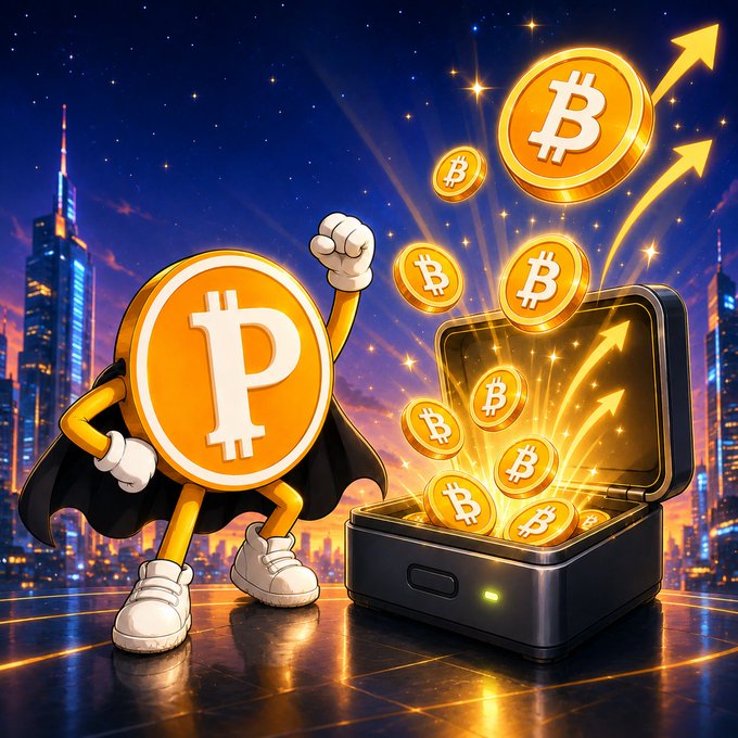 Cartoon-style illustration of an anthropomorphic Bitcoin wearing a black cape and sneakers, standing next to an open treasure chest filled with Bitcoin coins under a starry night sky.