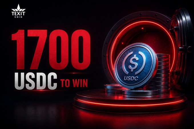 The promotional graphic for TEXIT Coin announces a giveaway of "1700 USDC TO WIN," featuring bold red text alongside an image of a USDC coin displayed in a vault-like setting with dramatic neon lighting. The design reinforces the post's message about two winners sharing $850 USDC each in the contest.