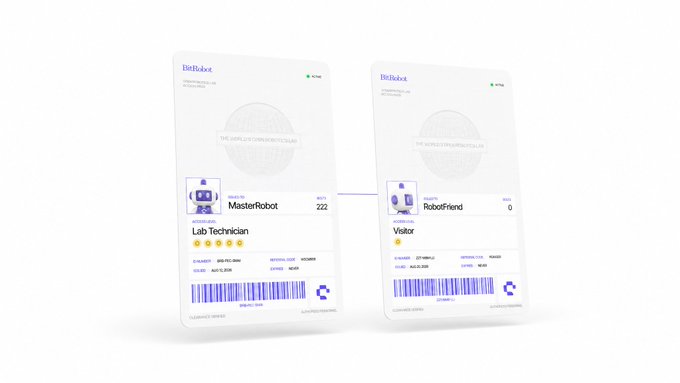 Two identification cards from BitRobot, one labeled 'MasterRobot' for a Lab Technician (ID 222) and the other 'RobotFiend' for a Visitor (ID 0), both marked 'Active' and dated August 21, 2034.