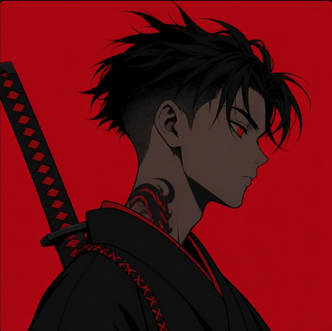 Anime-style artwork shows a dark-haired character with red eyes in profile against a vibrant red background, wearing dark clothing with red stitched details.