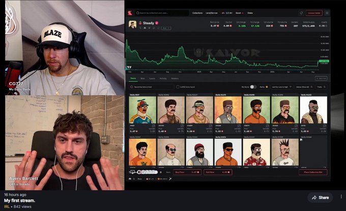 A livestream featuring two people on the left (labeled 'CO77' and 'Avery Bartlett / Gift + Stakes') alongside a screen showing what appears to be a Nifty Island NFT collection page with various character avatars and a price chart.