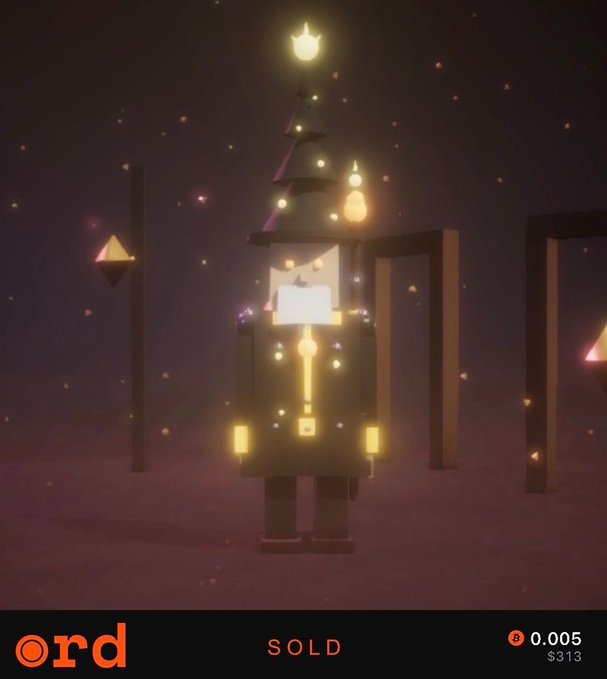 A dark, atmospheric 3D rendering of a figure in a pointed hat and cloak surrounded by glowing lights and floating particles, with "ord" logo, "SOLD", and "0.005 / $313" text at the bottom.