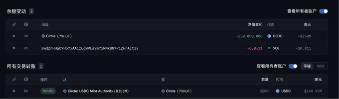 A cryptocurrency transaction tracking interface shows two "余额变动" (Balance Changes) entries: a Circle (7VHUF) address receiving +250,000,000 USDC ($250M), and a BNB address with a -0.0111 BNB loss (-$0.011). Below, the "所有交易转账" (All Transaction Transfers) section displays a "MintTo" operation from Circle: USDC Mint Authority (83E5M) to Circle (7VHUF) for 250M USDC ($249.97M), illustrating the recent $250M USDC mint referenced in the post.