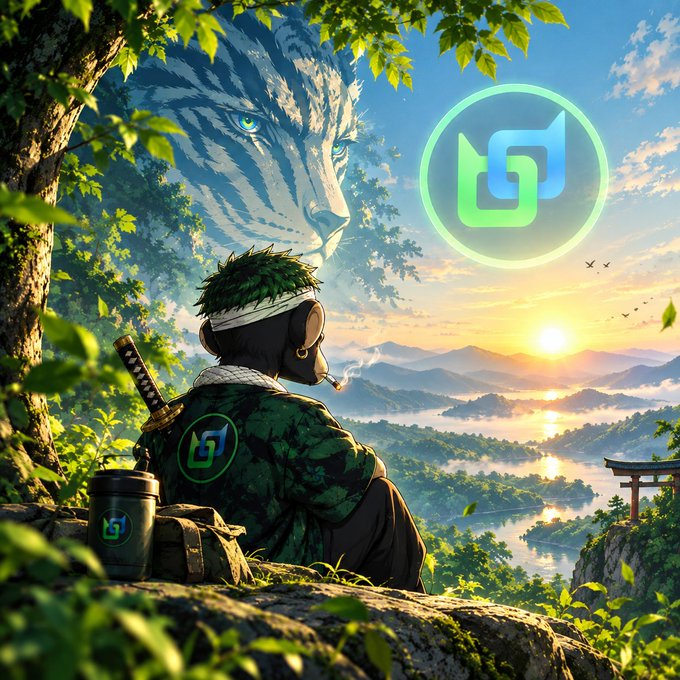 An anime-style digital illustration depicting a monkey wearing a leaf crown and green jacket sitting on a cliff, looking out over a sunrise landscape with a giant tiger face in the sky, accompanied by a green circular logo.