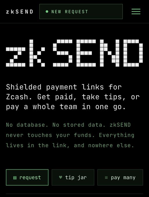 A promotional screenshot of the zkSEND website featuring a pixelated "zk SEND" logo, displaying its tagline about shielded payment links for Zcash, and highlighting its key features including request, tip jar, and pay many options, with text emphasizing that no database is used and funds never touch the server.