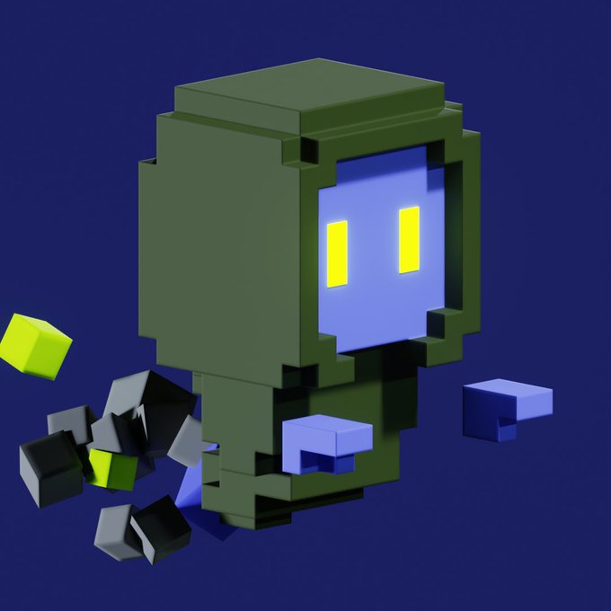 A 3D rendered blocky green character with a blue face and yellow rectangular eyes appears to be breaking apart into floating cubes against a dark blue background.